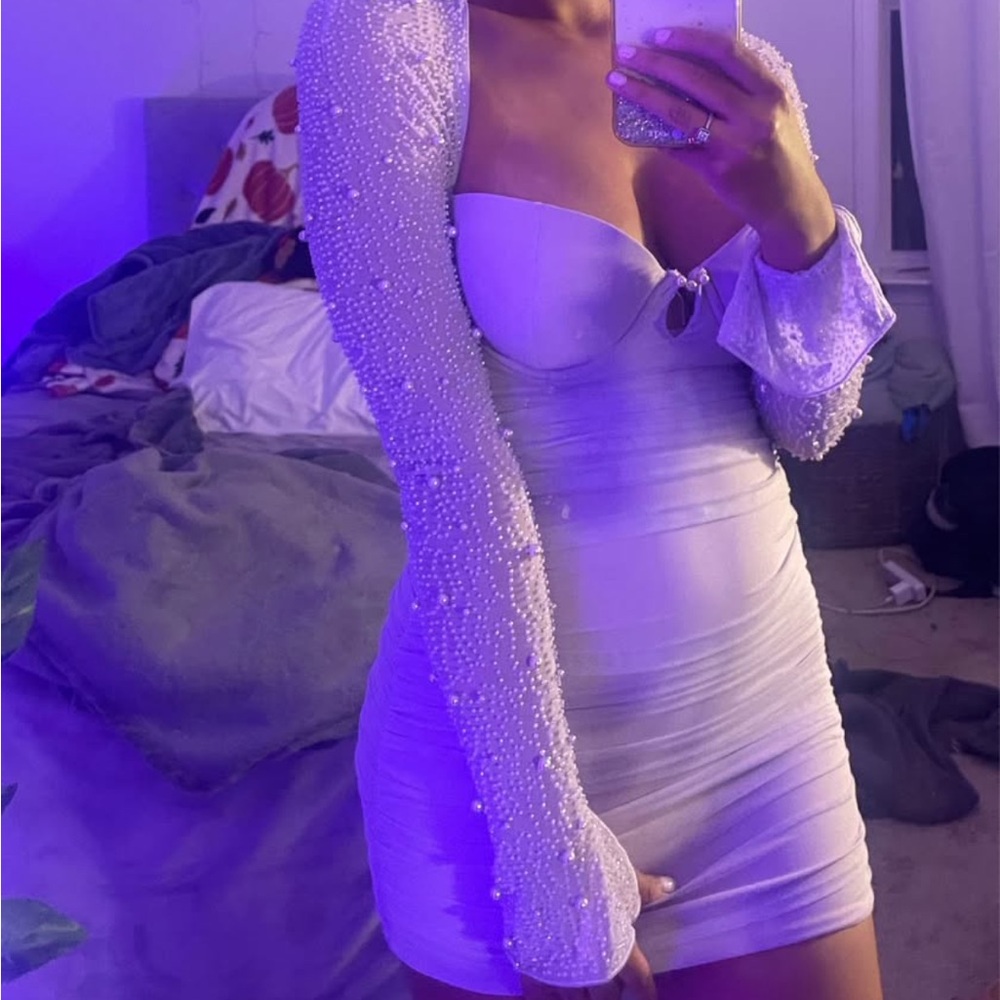 Oh Polly White Pearl Long Sleeve Dress